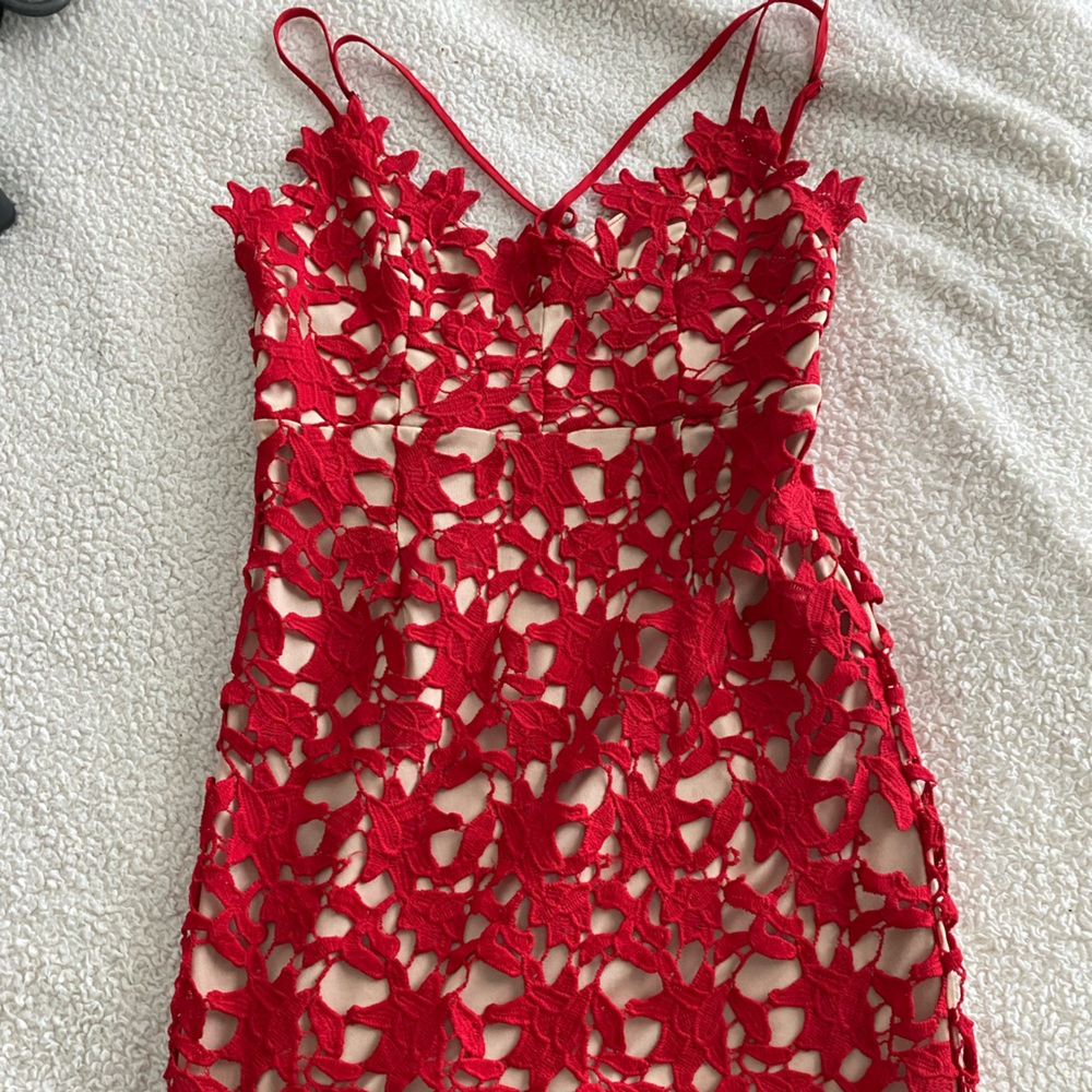 AMAZING nude dress with red embroidered designs perfect for any night out.